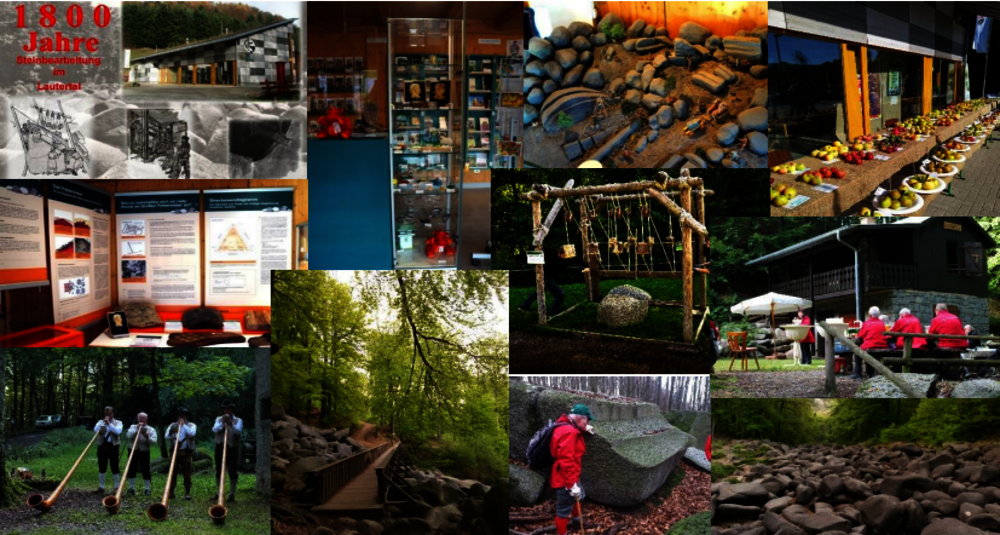 Collage aus Bildern von verschiedenen Attraktionen, dem Felsenmeer und dem Informationszentrum