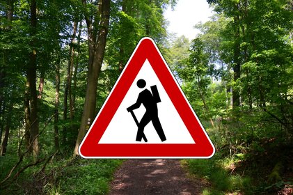Dreieckiges Warnschild, dass zusätzlichen eine wandernde Person abbildet. Im Hintergrund ist Wald zu sehen.