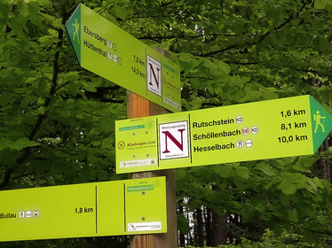 Schilder an einem Holzpfahl geben die Richtung und Kilometer-Entfernung zu den nächsten Zielen auf dem Nibelungensteig an